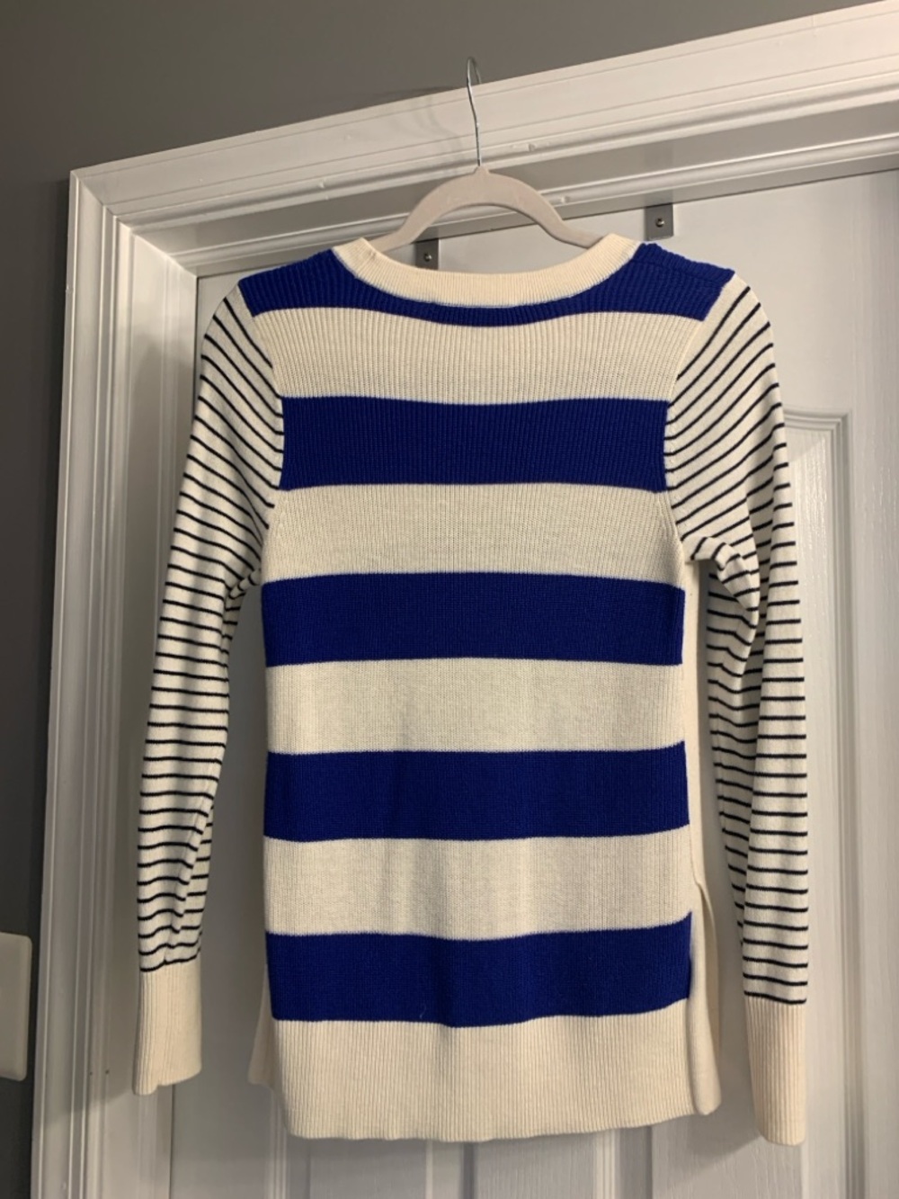 LOFT Cream and Royal Blue Striped Crewneck Sweater